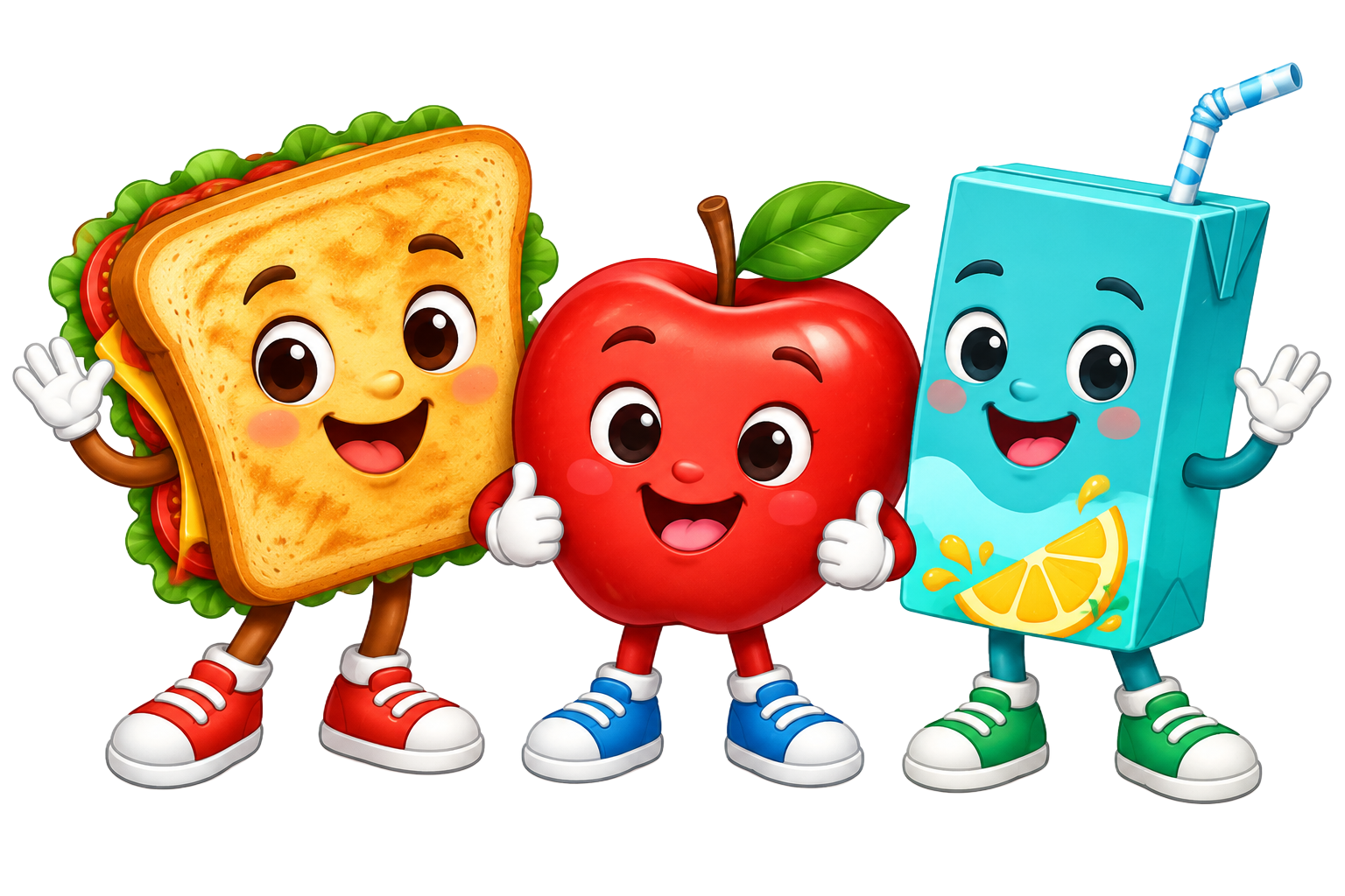 A smiling sandwich, apple and juice carton ready for lunch